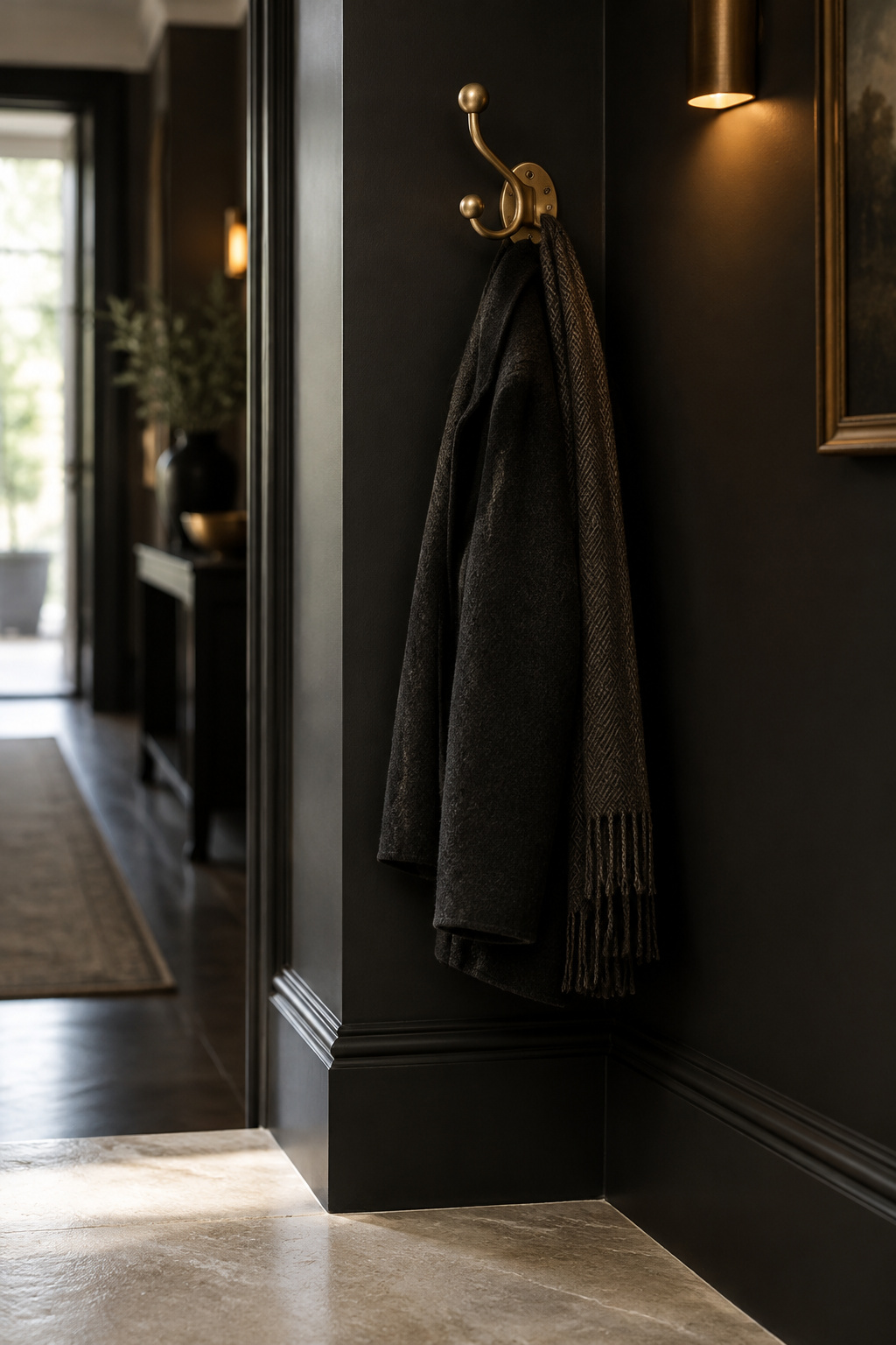 Matte black entryway corner with a brass coat hook and pale limestone floor