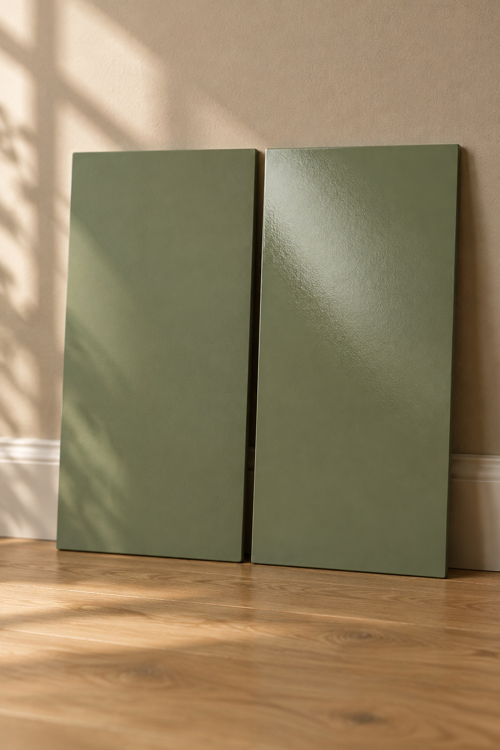 Matte and eggshell green paint sample boards side by side showing how sheen changes the same colour under daylight