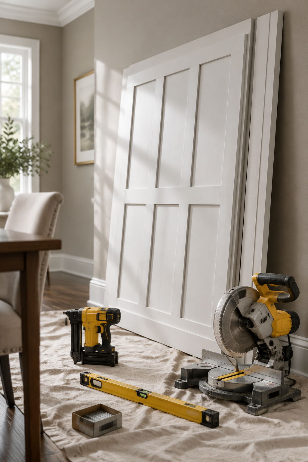 Primed MDF wainscot panel kit leaning on a dining room wall with a brad nailer, miter saw and level on a drop cloth