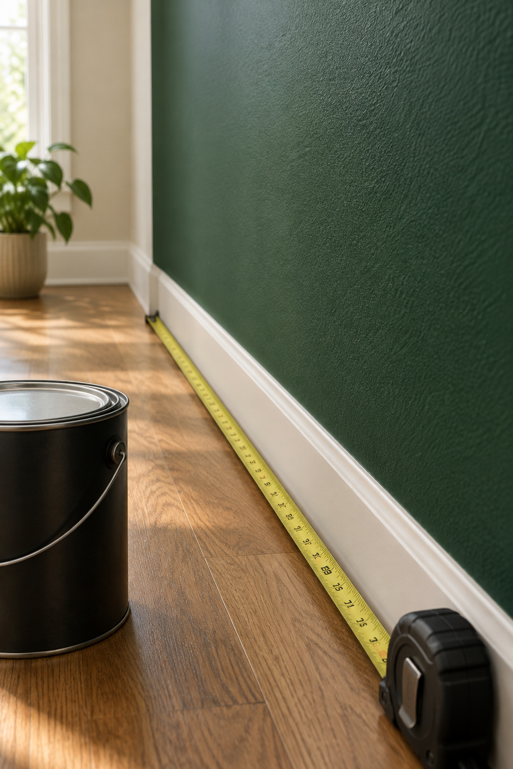 Tape measure and paint can against a deep green accent wall, measuring for a paint quantity calculation
