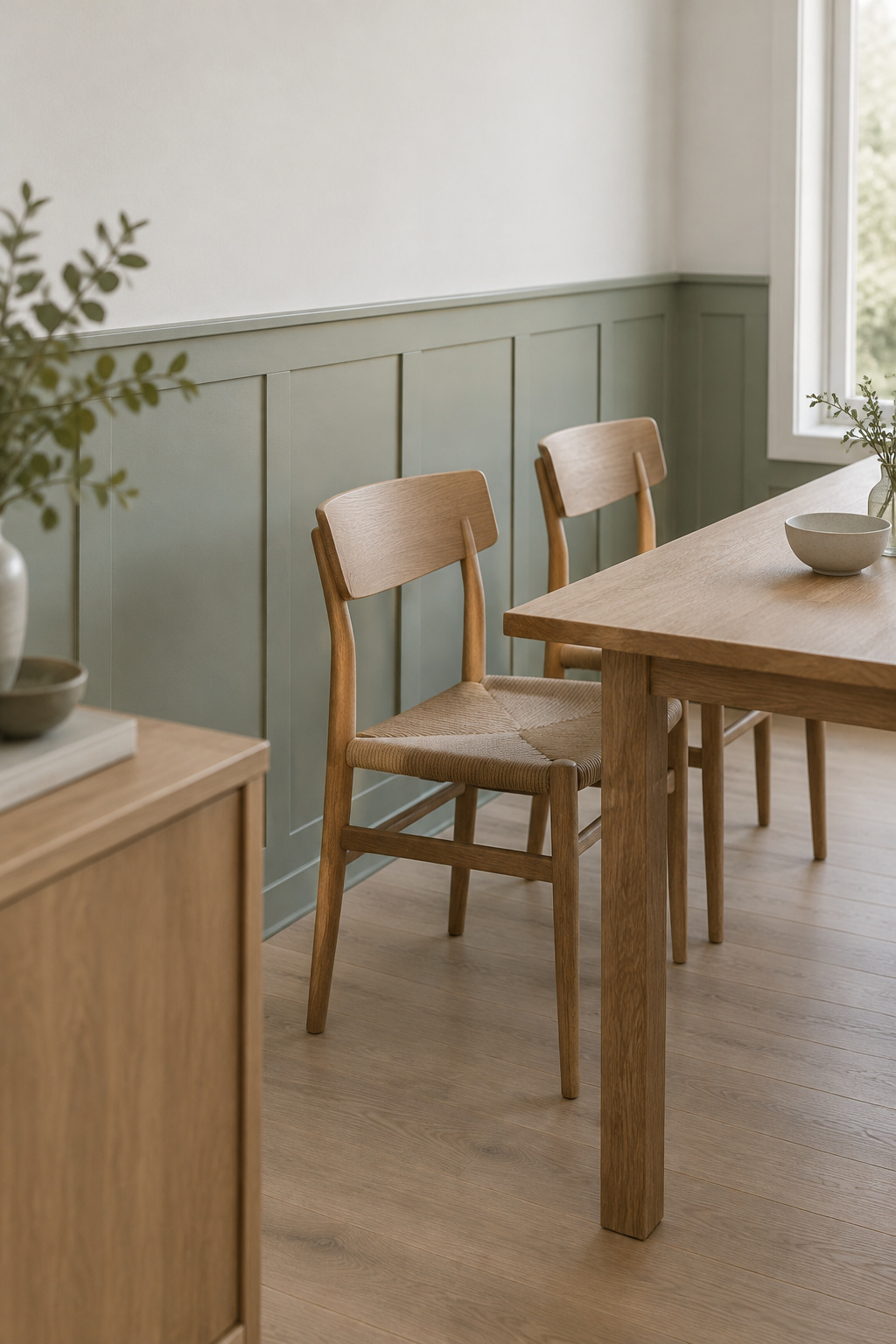Mid-tone sage-green painted wainscot under a pale warm-white wall beside plain oak dining chairs