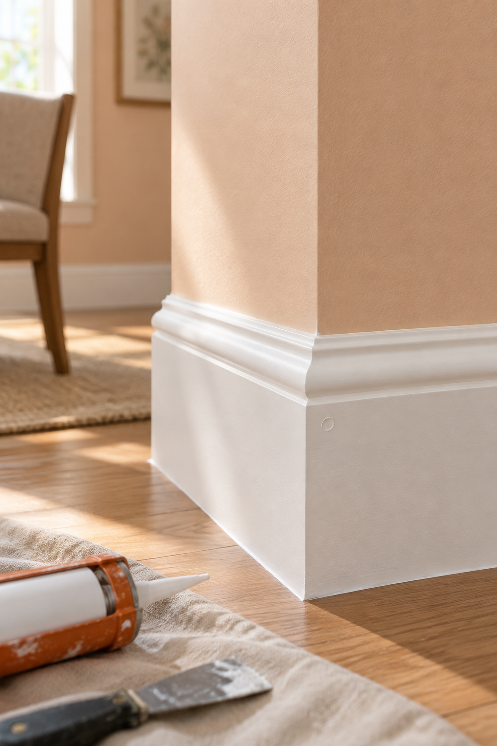 Close view of a mitered picture frame molding corner with a smooth caulk line and filled nail hole, caulk gun on a drop cloth below