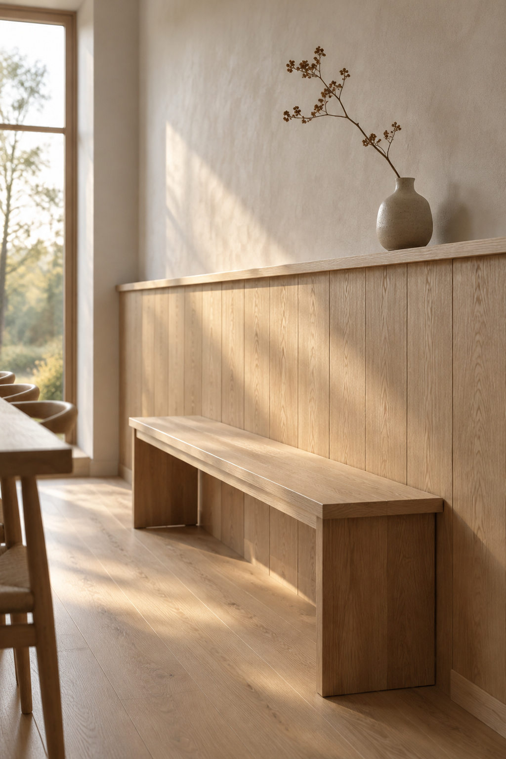 Daylight dining room with an oiled white oak panel wall, a slim flat ledge above it and plain wooden chairs pushed back against it