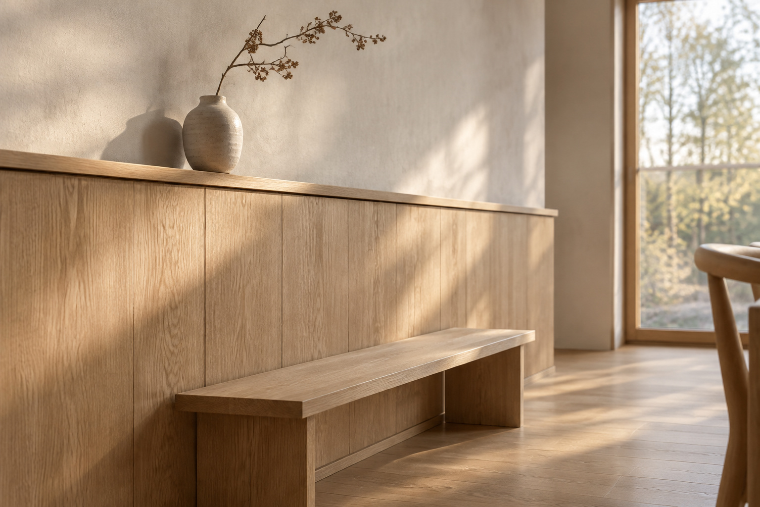 Daylight dining room with an oiled white oak panel wall, a slim flat ledge above it and plain wooden chairs pushed back against it