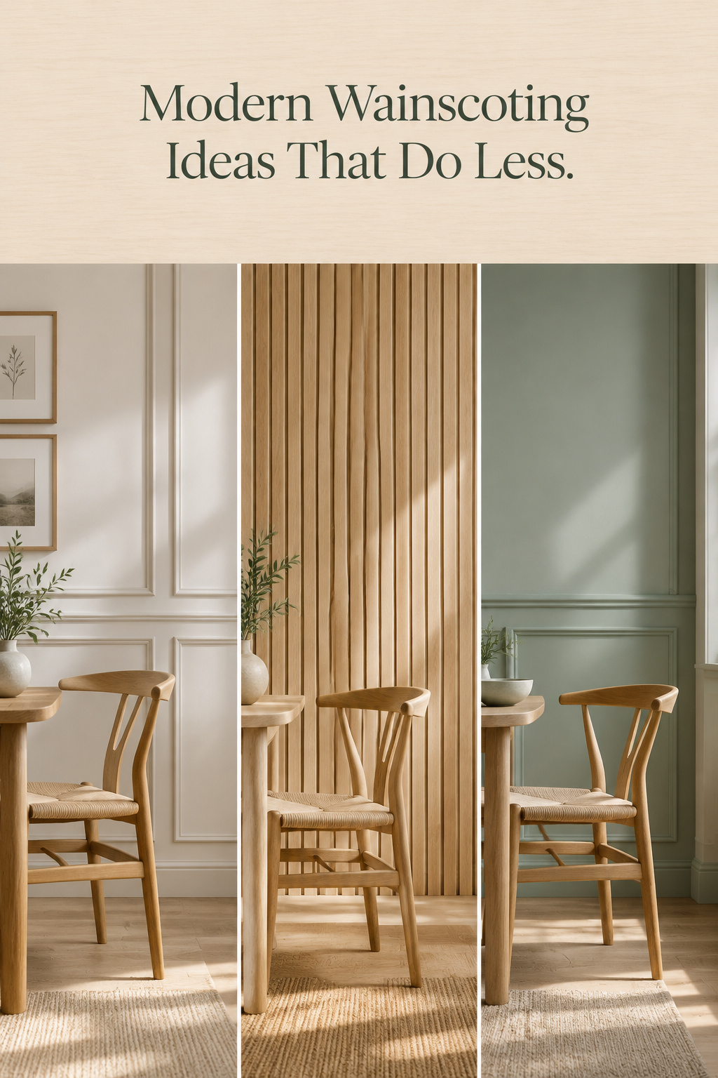 Three panels of modern dining room wainscoting in slim boxes, oiled oak slats and one-color celadon under a headline about modern wainscoting that does less
