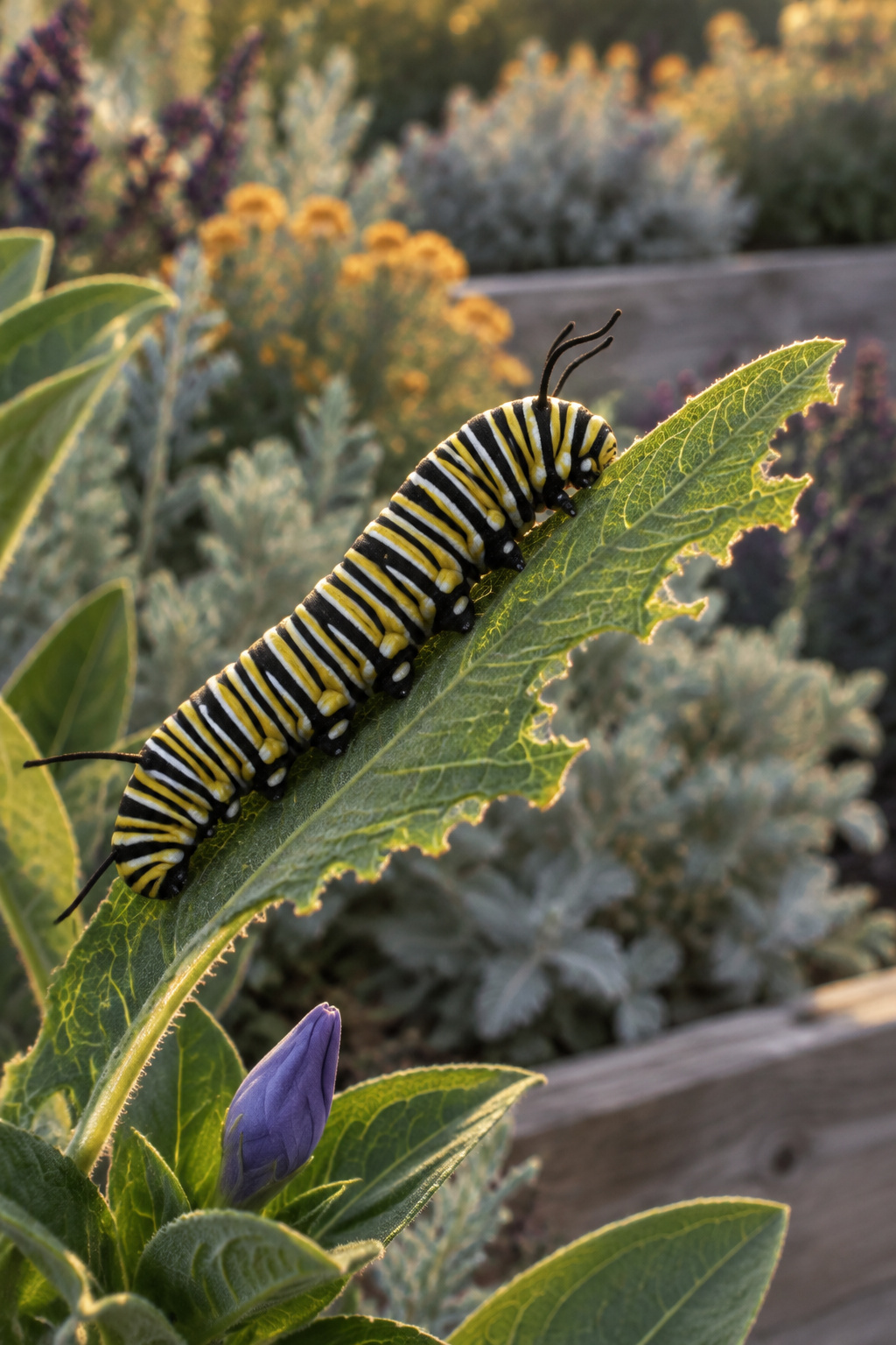 Monarch caterpillar with black, yellow and white bands feeding on a chewed milkweed leaf in a golden-hour garden bed