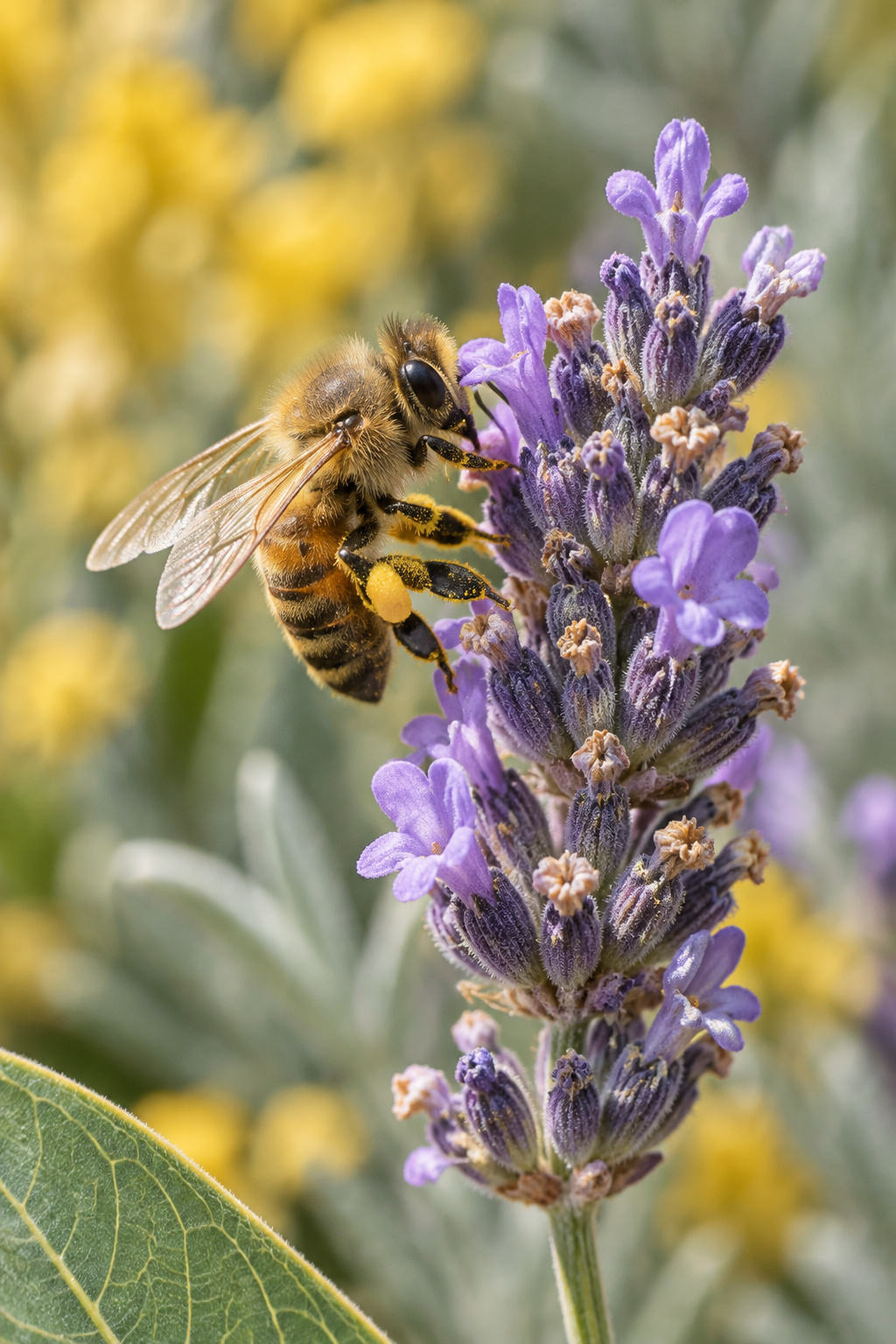 Macro photograph of a bee foraging on a lavender bloom spike beside milkweed foliage