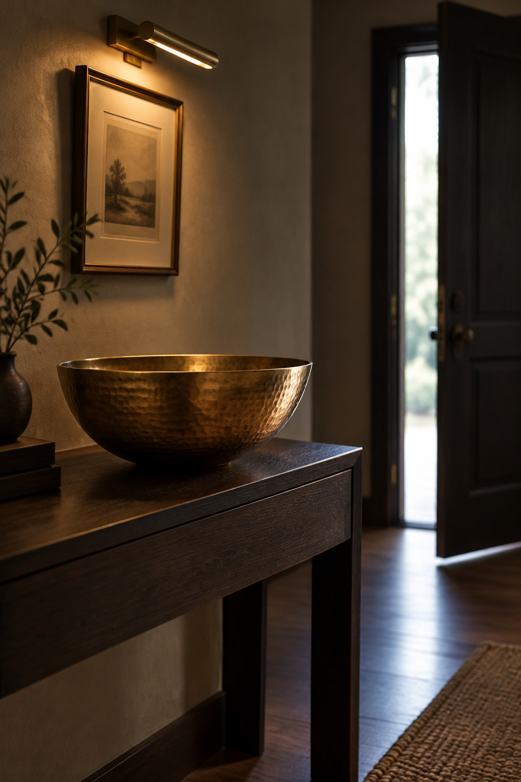 Dark green entryway with a single brass bowl on a console lit by a small picture light, front door open to daylight