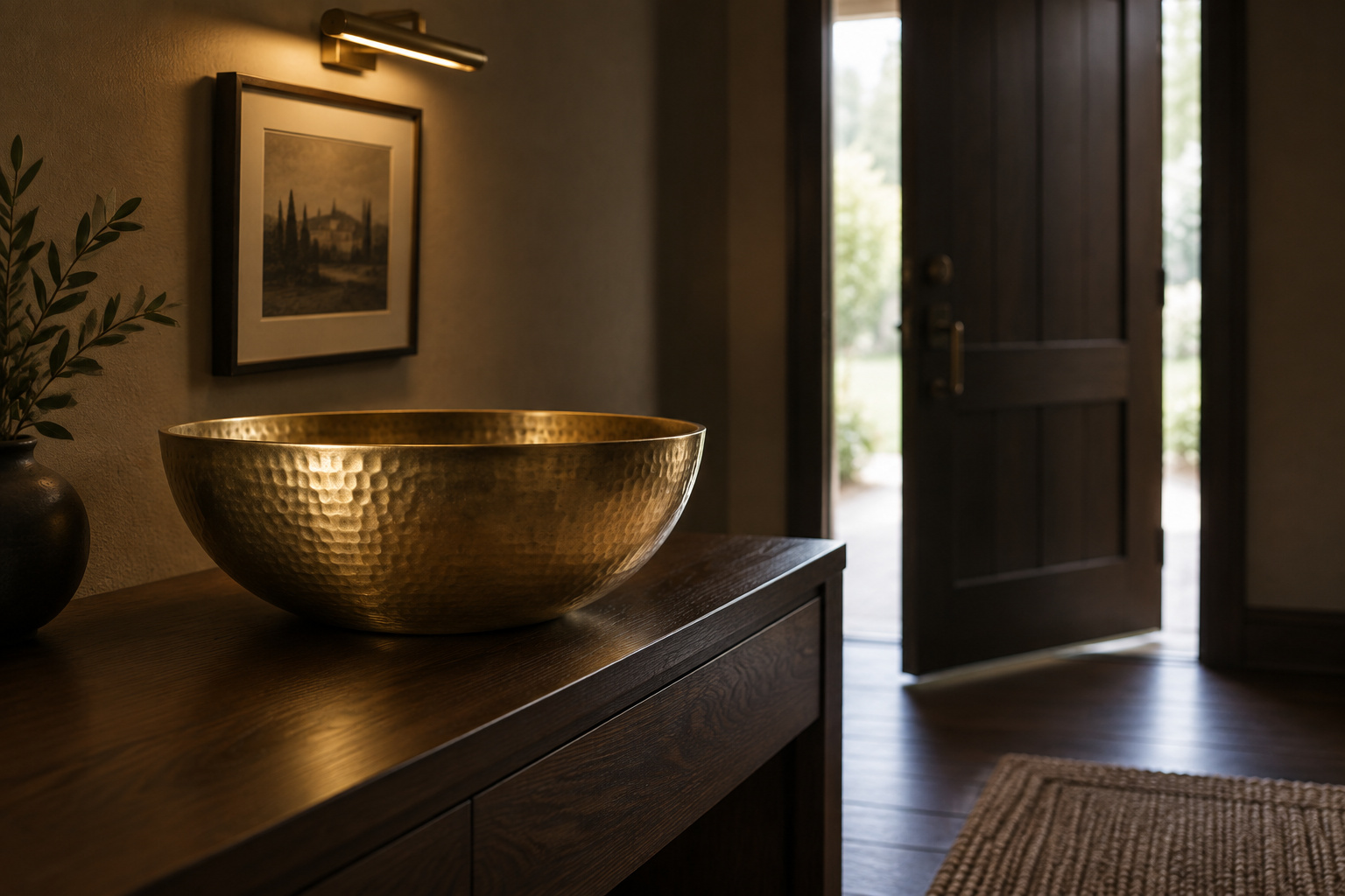 Dark green entryway with a single brass bowl on a console lit by a small picture light, front door open to daylight