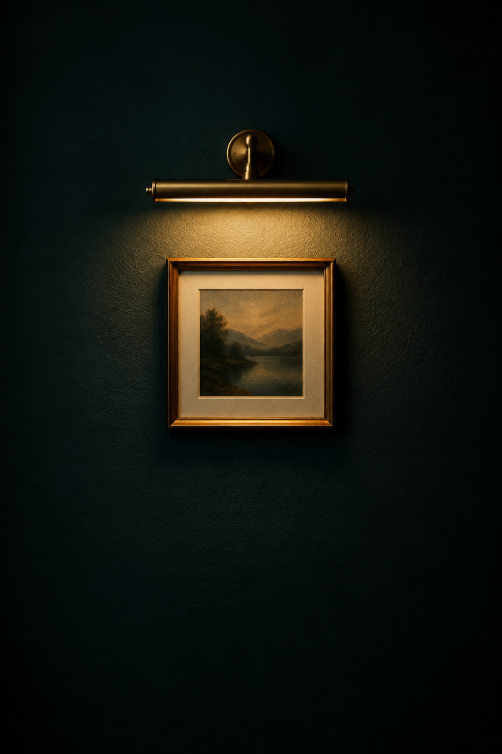 Small framed print on a dark teal wall lit by a brass picture light mounted just above the frame