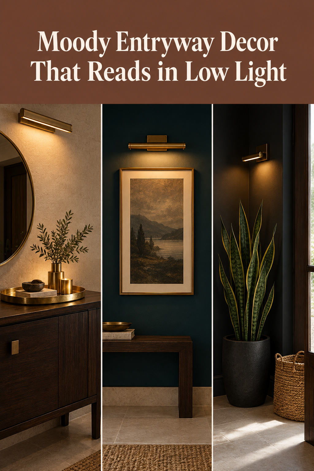 Pinterest collage of moody entryway decor: a lit brass tray, framed art under a picture light, and a snake plant in a dark corner
