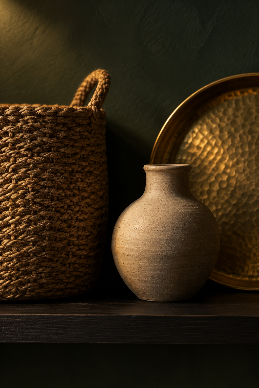 Woven jute basket, unglazed ceramic vase and hammered brass tray catching lamplight on a dark shelf