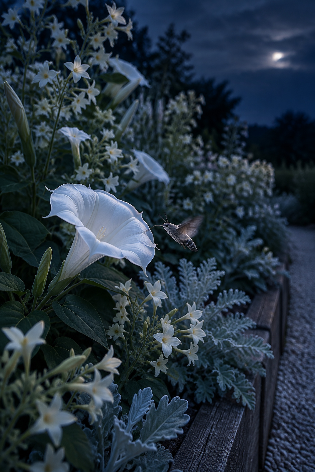 Tiered moon garden bed of white moonflowers and pale foliage glowing at blue hour with a hawkmoth hovering near one bloom