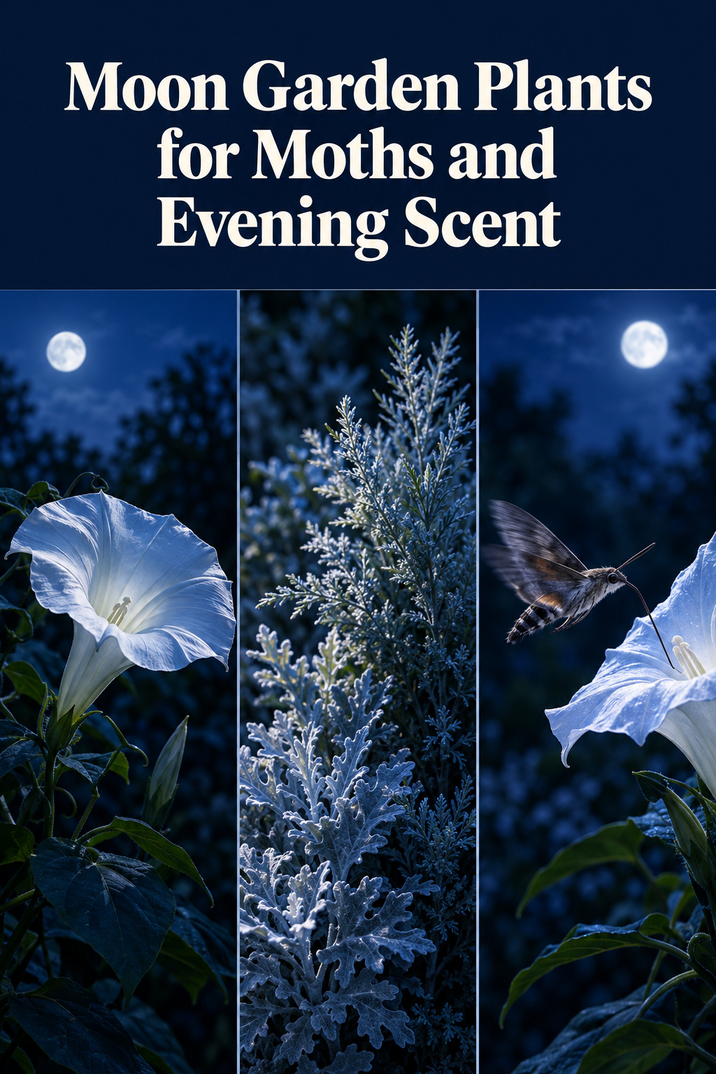 Pinterest pin collage showing a moonflower bloom, silver foliage and a hawkmoth at a white flower with an ink navy headline band