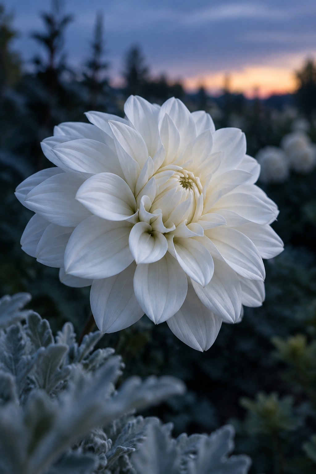 Pale chalk-white flower glowing against blue-hour light with blurred silvery foliage in the foreground
