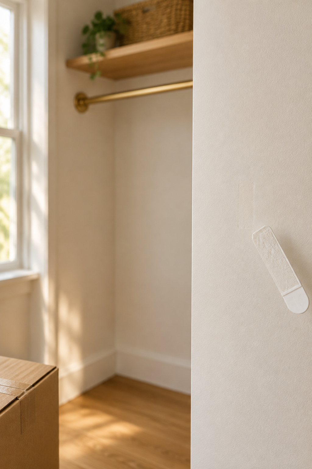 Closet wall left unmarked after an adhesive hook is removed at move-out