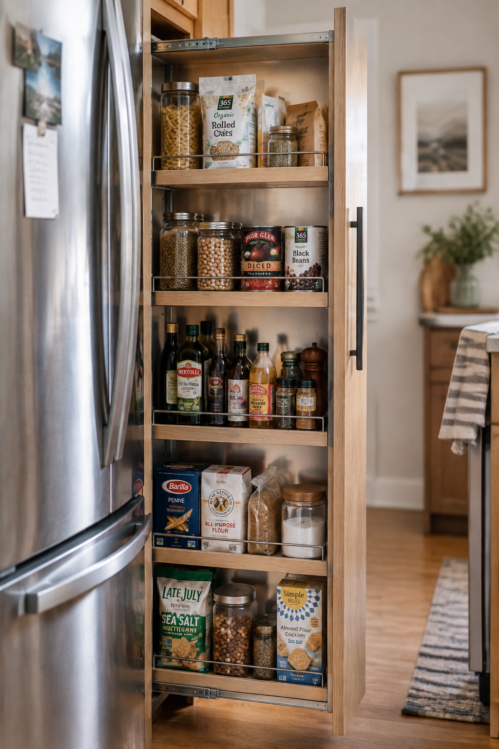 Slim pull-out pantry cabinet extended from a narrow gap beside a refrigerator, showing its full shelf depth