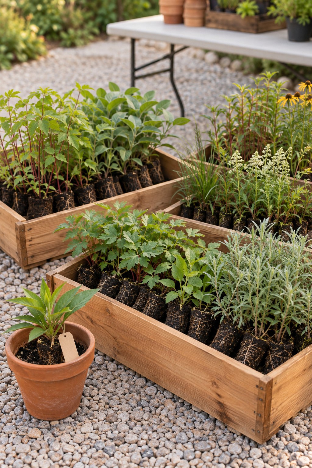 Cedar flats of bare-root native plant plugs staged on a table for a native plant society sale