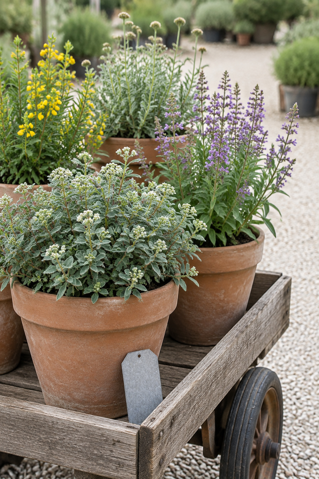 Wooden nursery cart holding unglazed terracotta pots of healthy native plants with a blank zinc plant tag