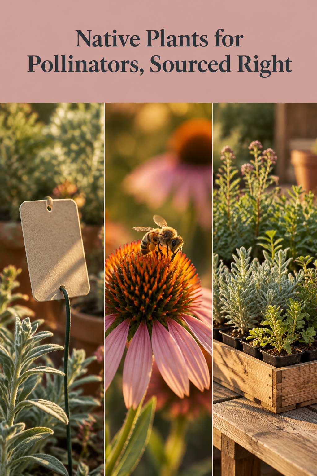 Pinterest collage of a blank plant tag, a bee foraging in a native coneflower, and cedar flats of native plant plugs staged for sale