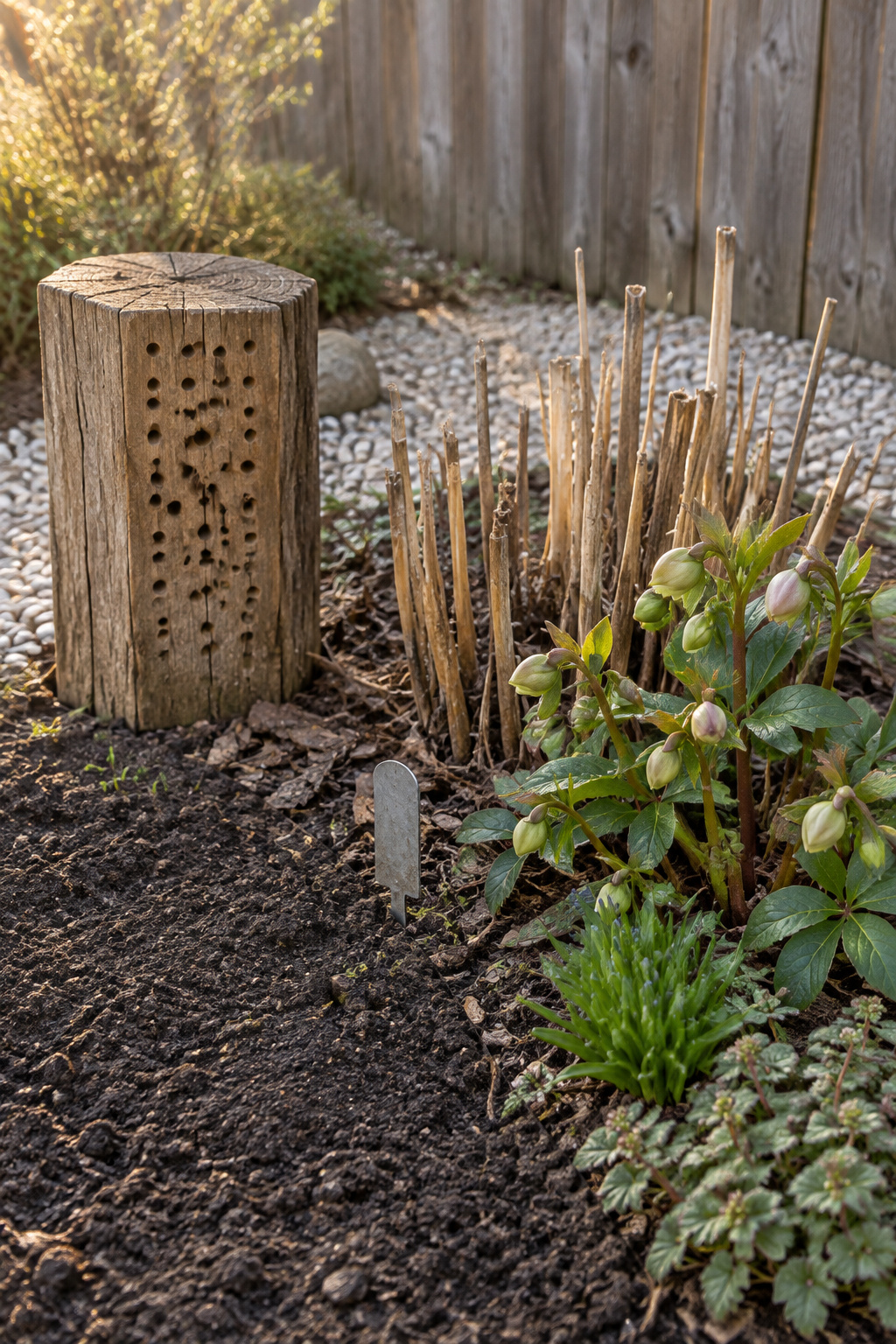 Raw hardwood nesting block, bare soil patch and cut stems beside a small grouping of healthy native plants in early spring bud