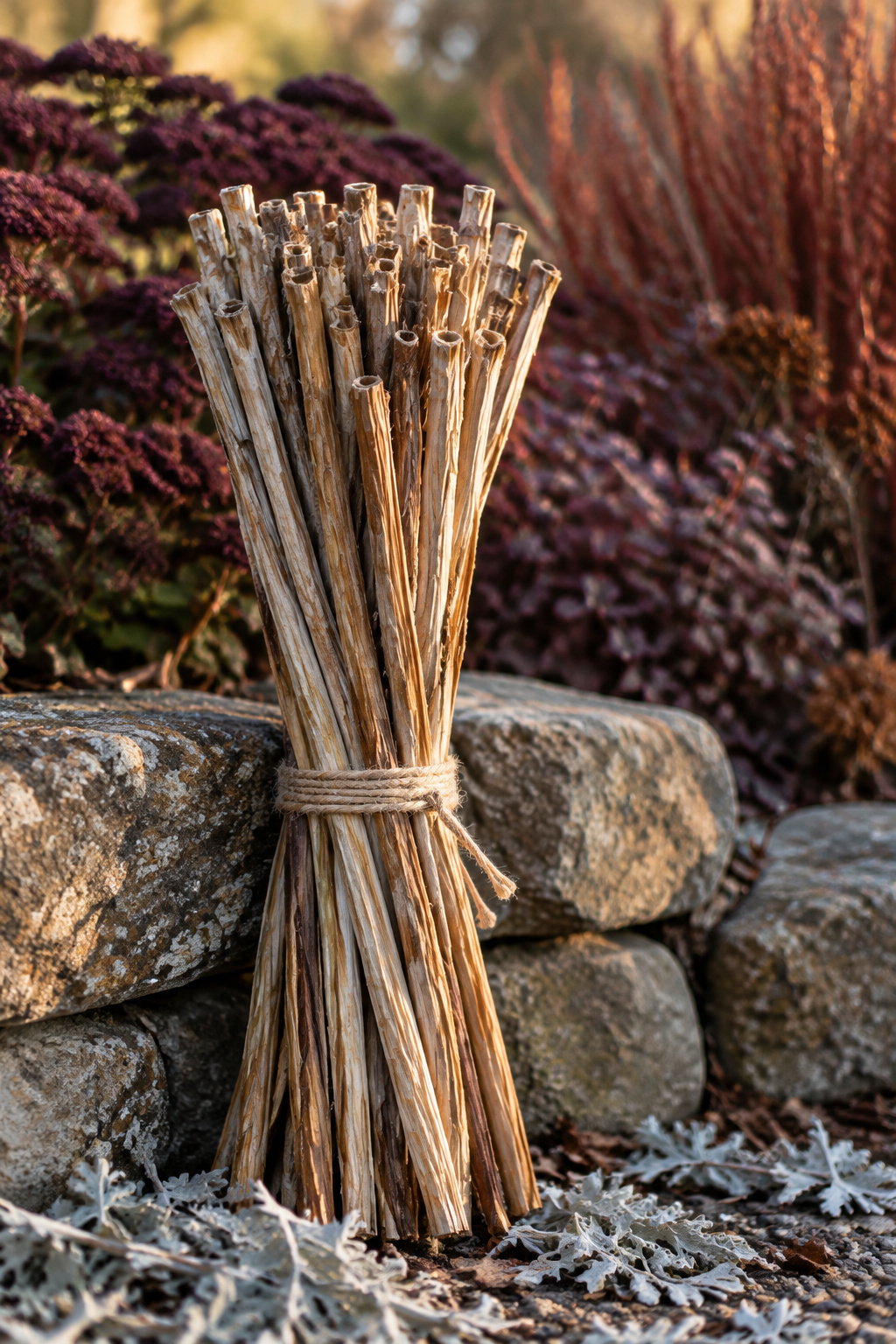 Bundle of hollow cut plant stems tucked upright against stone edging in a pollinator garden border