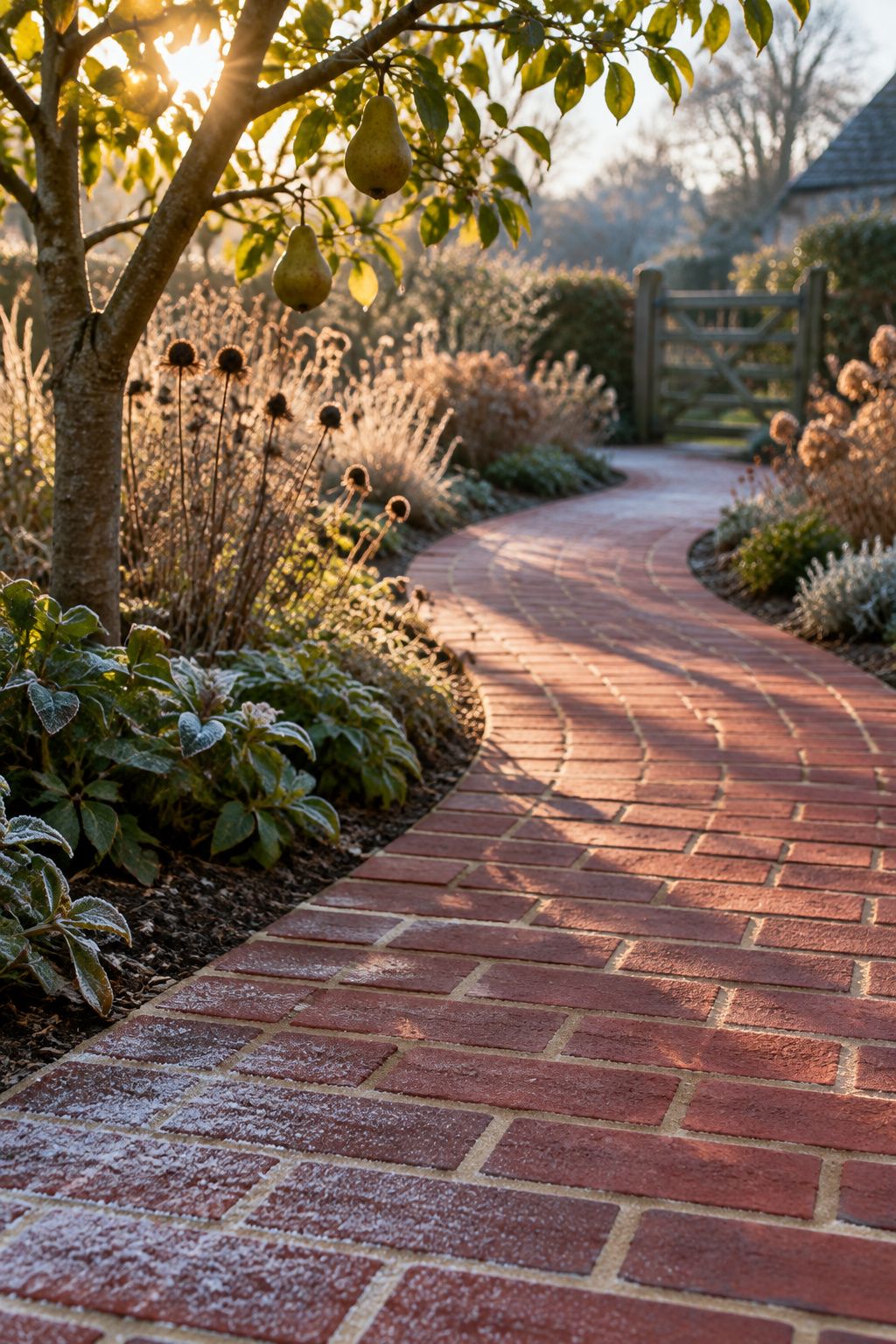 A newly laid running bond brick path of even red pavers curving under a young pear tree with frost on the first bricks