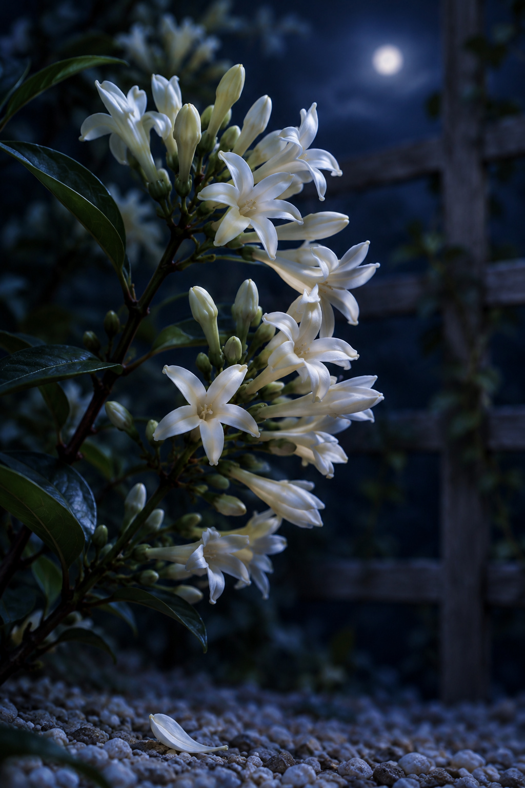 Cluster of small cream-white night-blooming jasmine flowers releasing scent on a dark stem at dusk