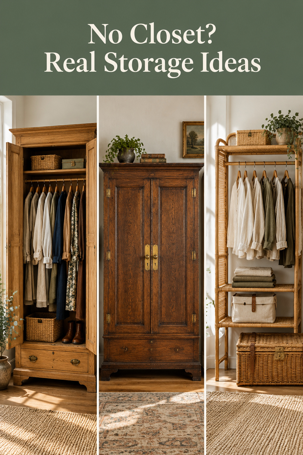 Pinterest collage of a no-closet bedroom showing an oak armoire, an antique wardrobe and an open clothing rack