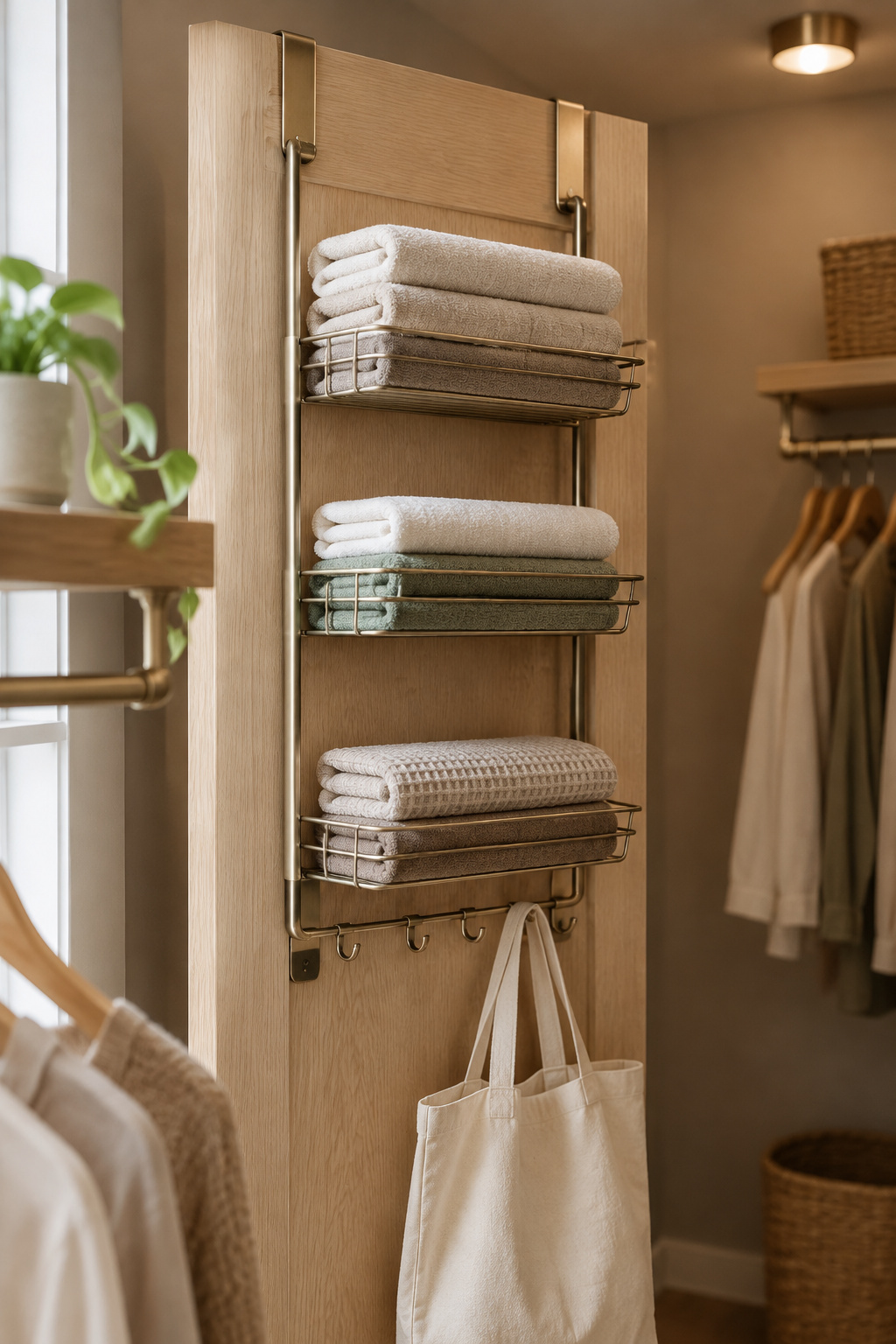 Over-the-door closet rack with adhesive hooks holding folded towels and a canvas bag, no drilling required