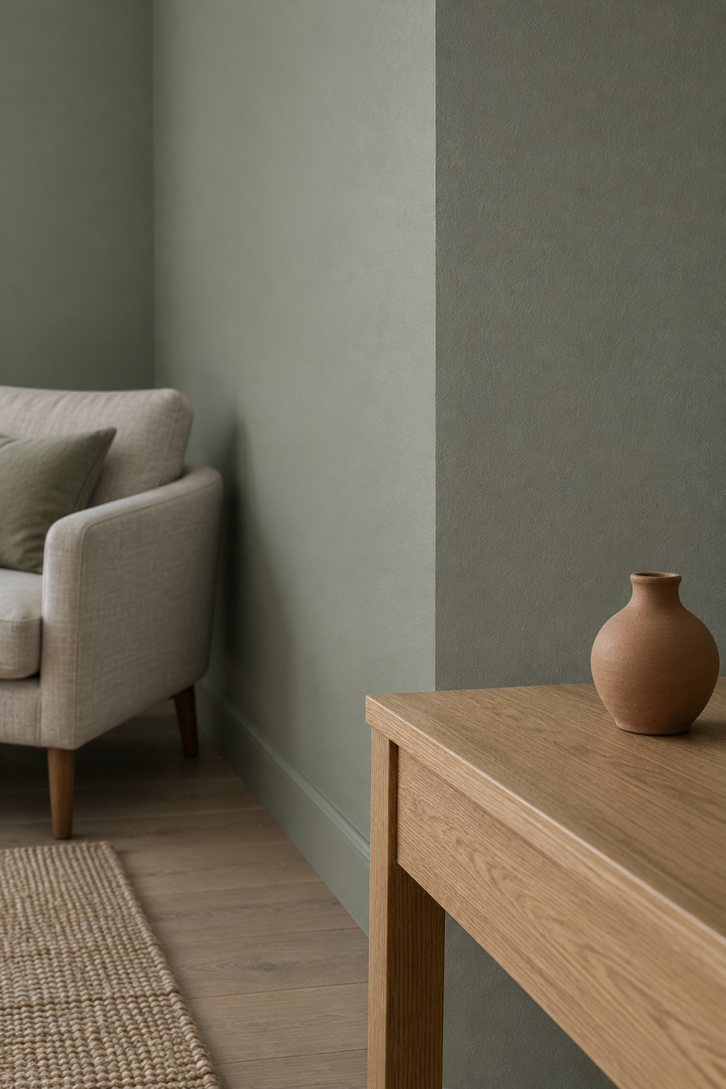 Sage-green painted living room wall lit by cool north-facing daylight beside a warm oak console and terracotta vase