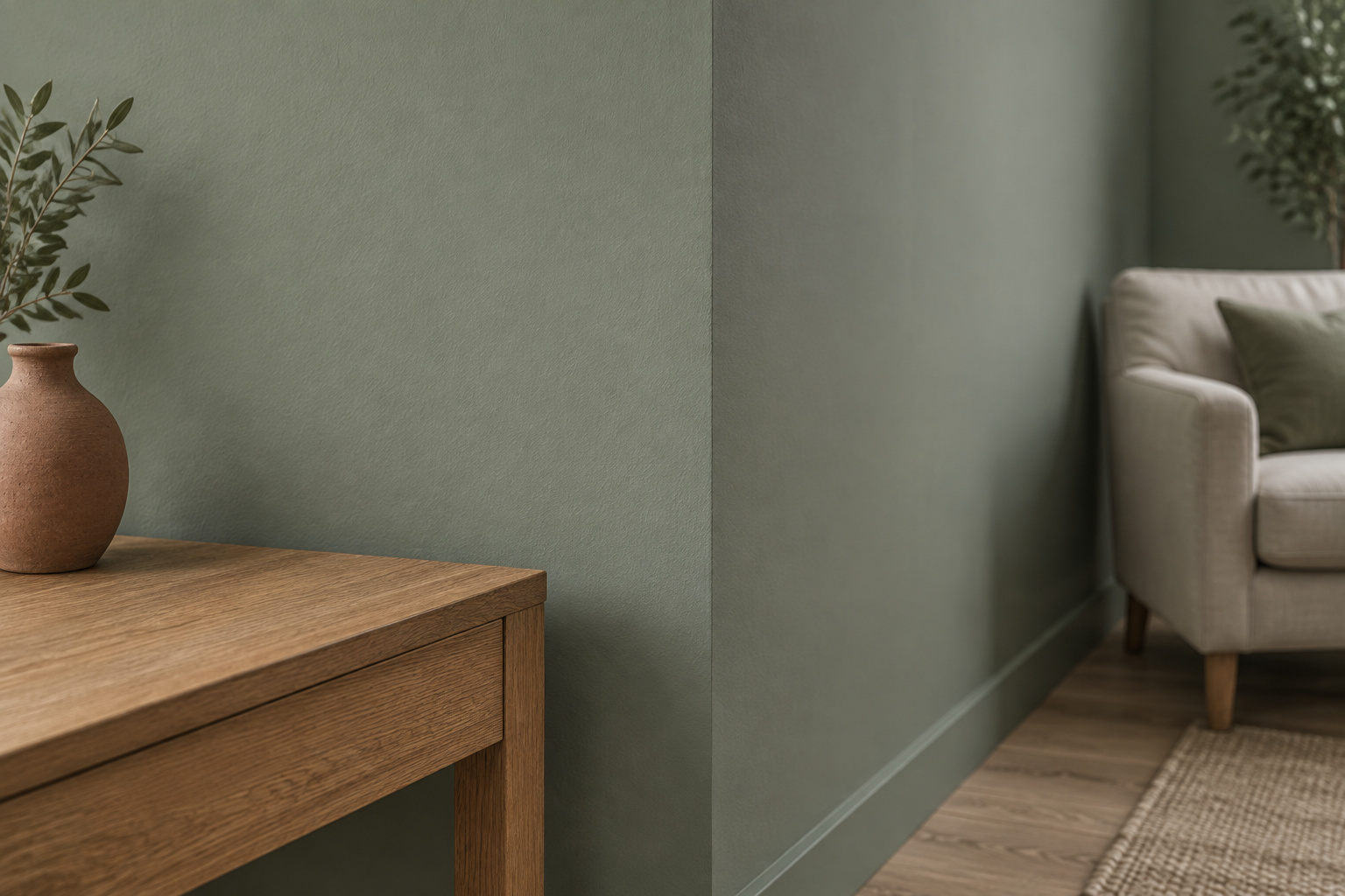 Sage-green painted living room wall lit by cool north-facing daylight beside a warm oak console and terracotta vase