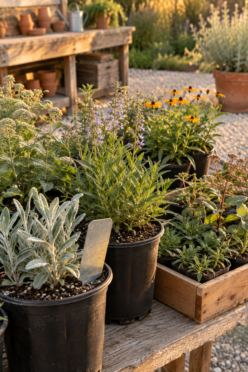 Rows of native perennial plugs in black nursery pots on a cedar potting bench with a blank zinc plant marker, golden hour light