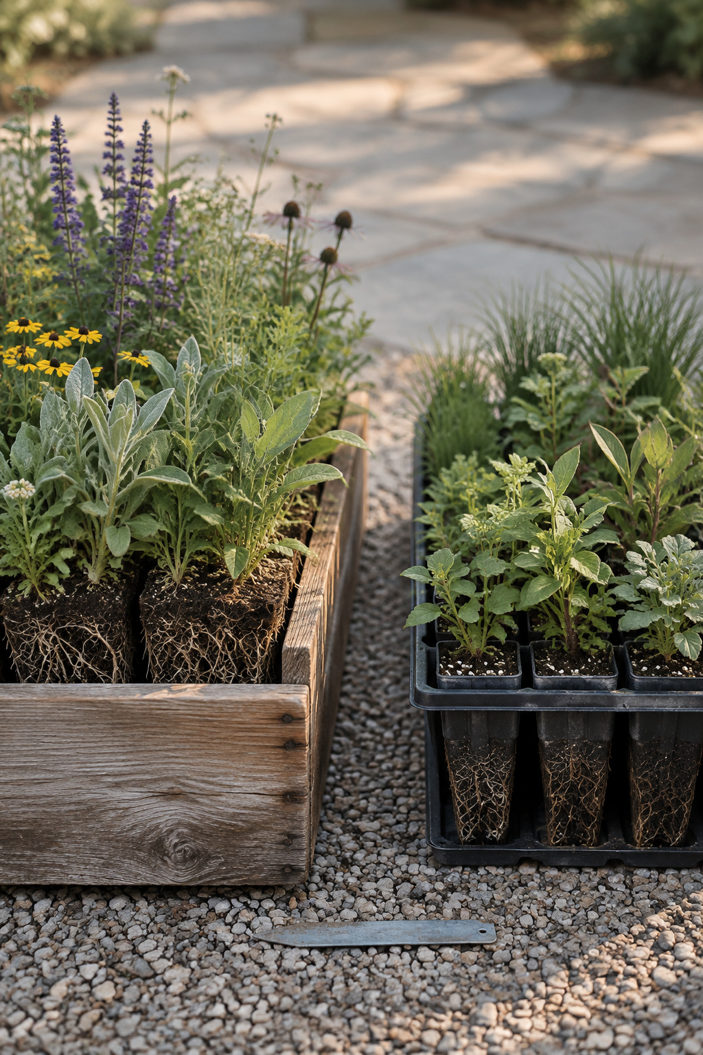 A cedar flat of native perennials beside a standard black plastic nursery flat with a zinc plant marker laid between them