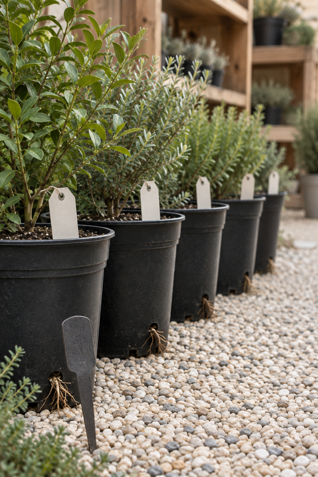 Row of black nursery pots with blank turned tags and a dark steel plant marker on a gravel nursery path