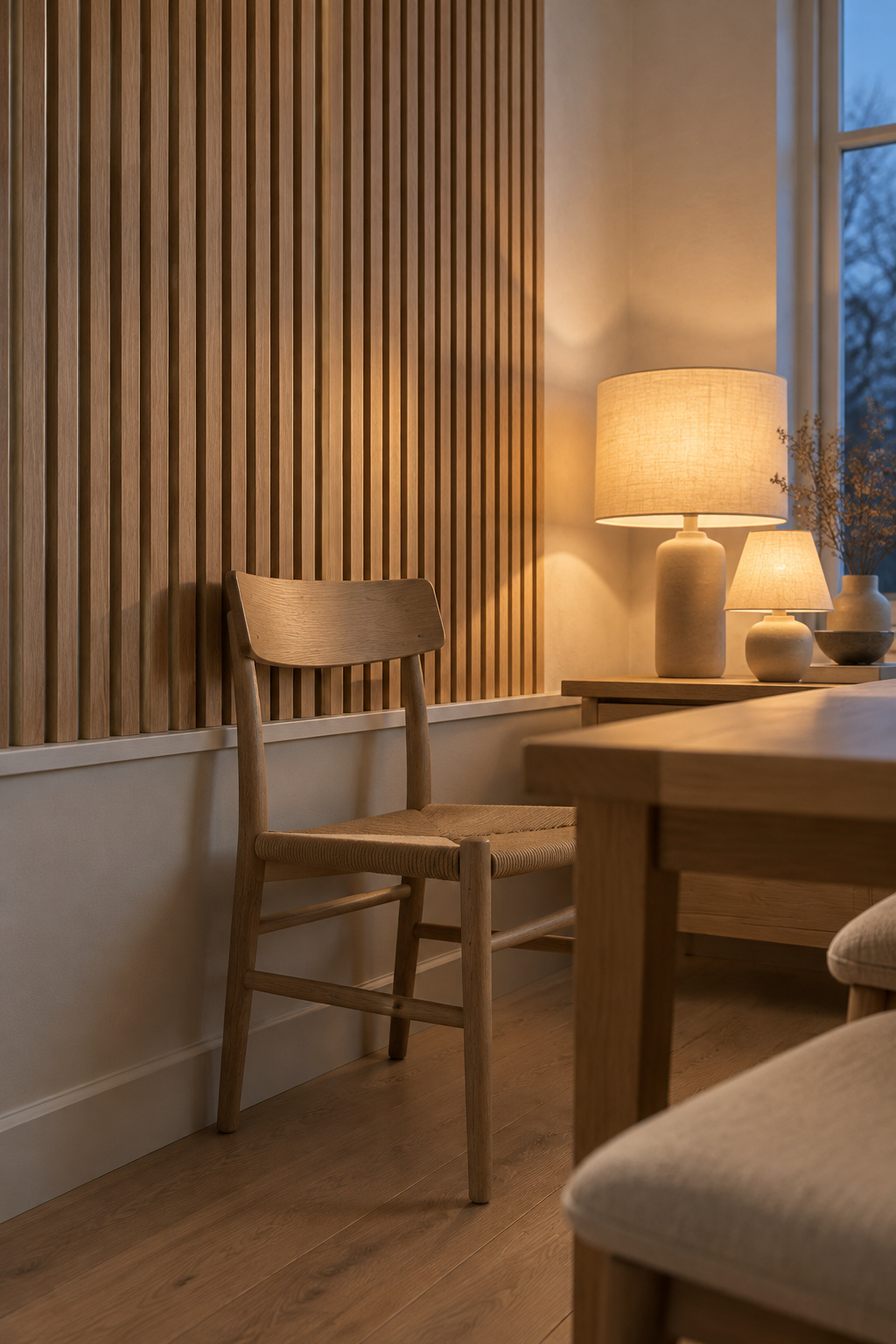 Vertical slat wall of oiled white oak in a dining room with side light creating shadow lines in the gaps and a wooden chair pushed back against it