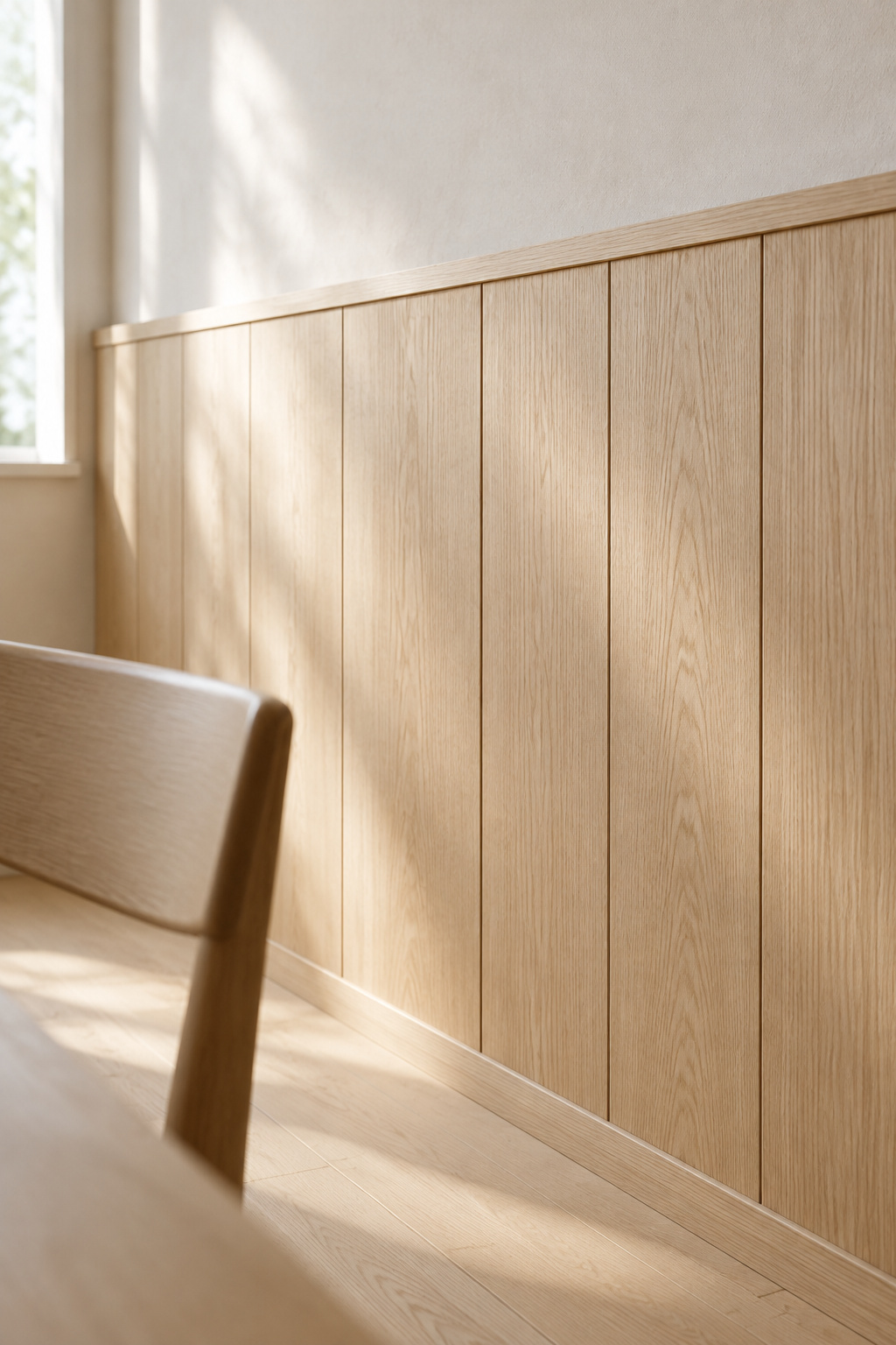 Flat oiled white oak wall panel in a dining room showing straight blonde grain and fine shadow joints in side light
