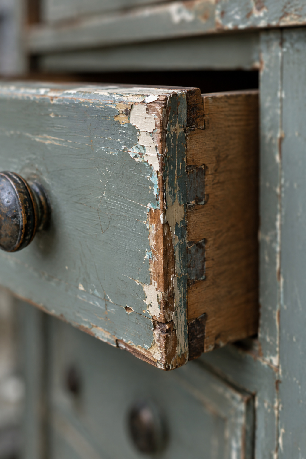 Close-up of a worn painted cabinet drawer front with chipped paint layers and a dovetailed joint being inspected