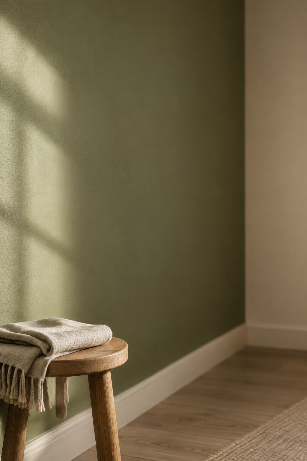 Olive-green living room wall showing a visibly warmer patch near the window and a cooler, greyer patch in the corner