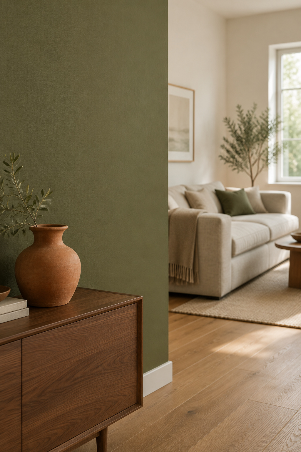 Living room corner with a single warm olive-green painted wall, a terracotta ceramic vessel on a walnut console, and an oatmeal linen sofa in daylight