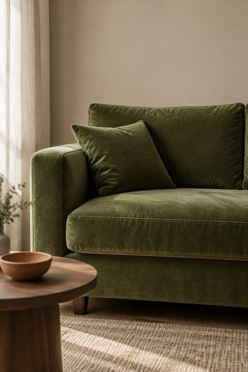 Olive green velvet sofa against a warm putty-colored living room wall with a terracotta bowl on a walnut side table