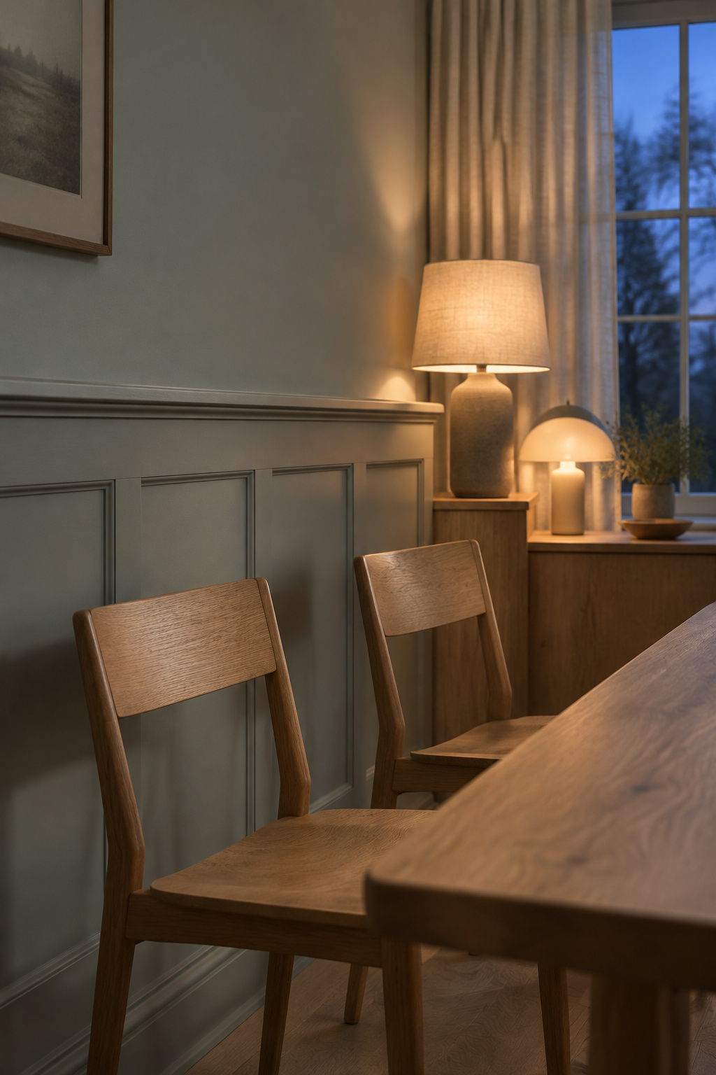 One celadon-grey color on both the wainscot and the wall above, with shadow lines defining the panels beside plain oak chairs