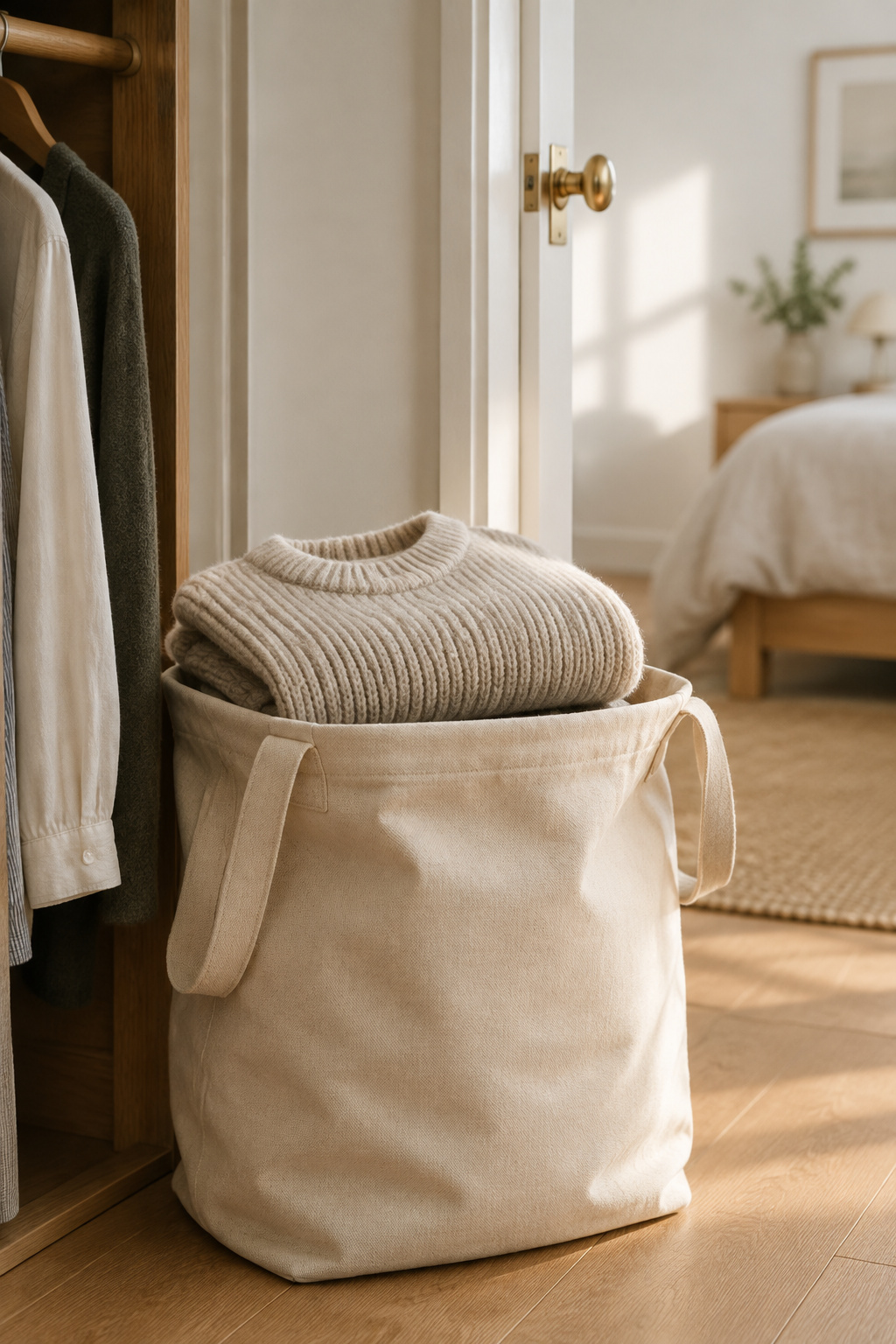 Folded sweater set on a canvas donation bag outside a closet, illustrating a one-in-one-out swap