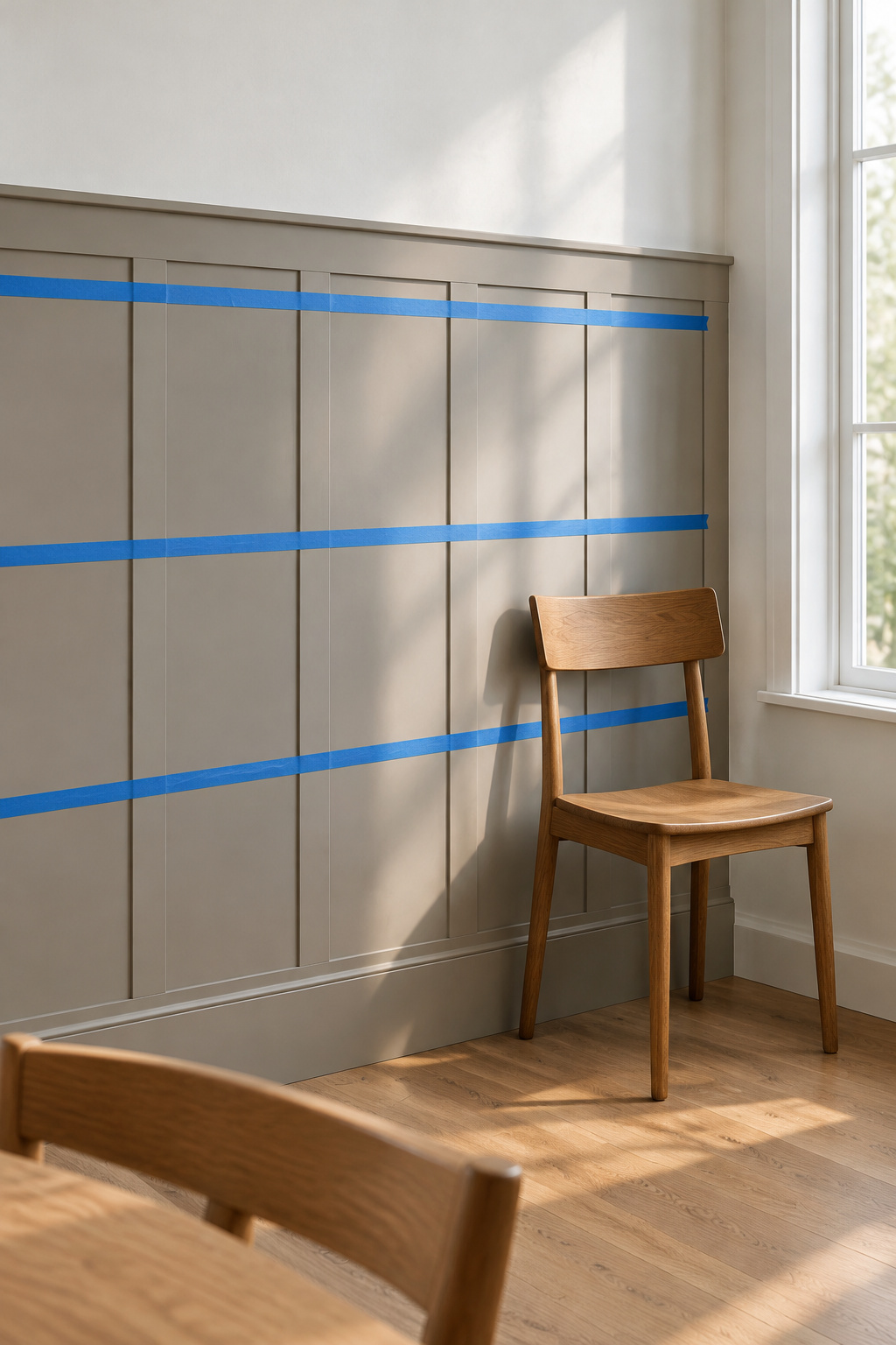 Dining room wall with mushroom wainscot panels and three strips of blue painter's tape marking different possible heights beside a plain oak chair