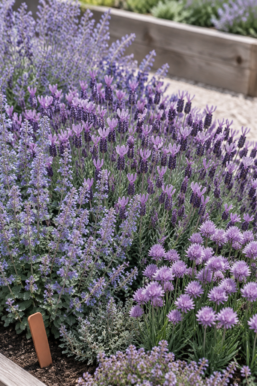 A freshly planted perennial bed blooming in a single lavender-purple wave, all flowers open at the same time