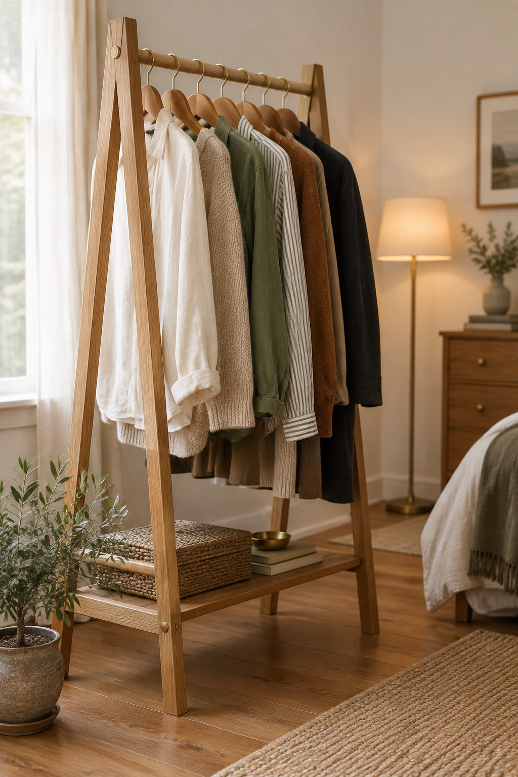 Open oak ladder clothing rack styled with matching wood hangers and a potted plant
