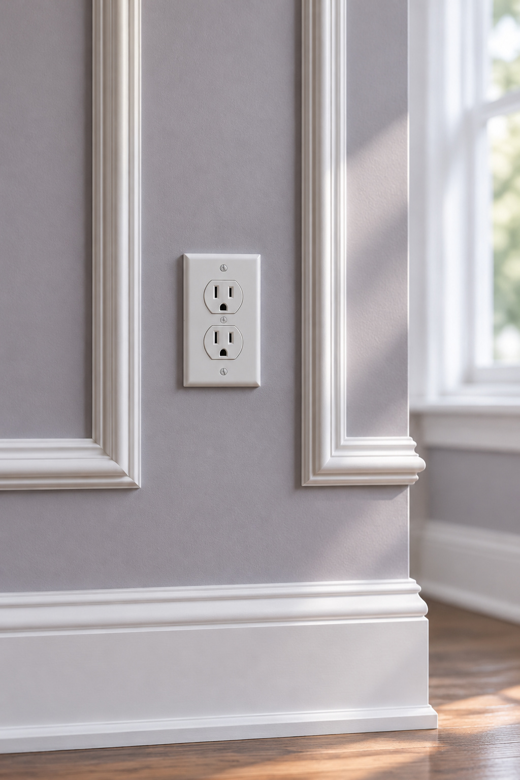 White outlet cover plate centered in the gap between two picture frame molding boxes on a lilac grey wall next to a window casing