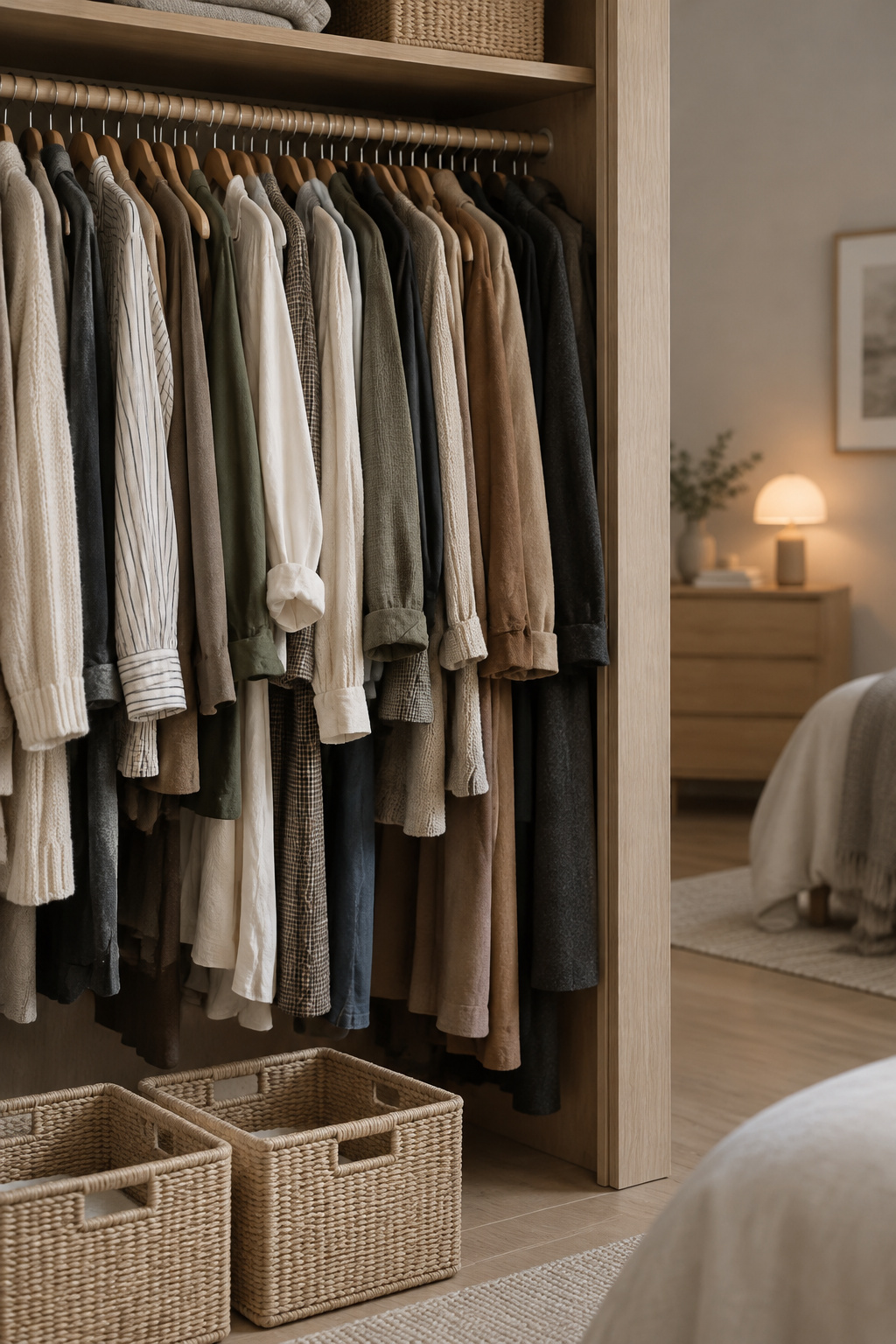 Overstuffed closet rod with two empty woven storage bins sitting unused on the floor in front