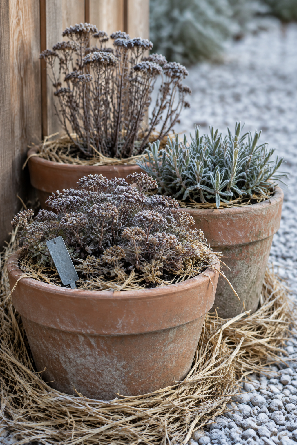 Three terracotta pots grouped together and wrapped with straw mulch at the base for winter insulation on a balcony