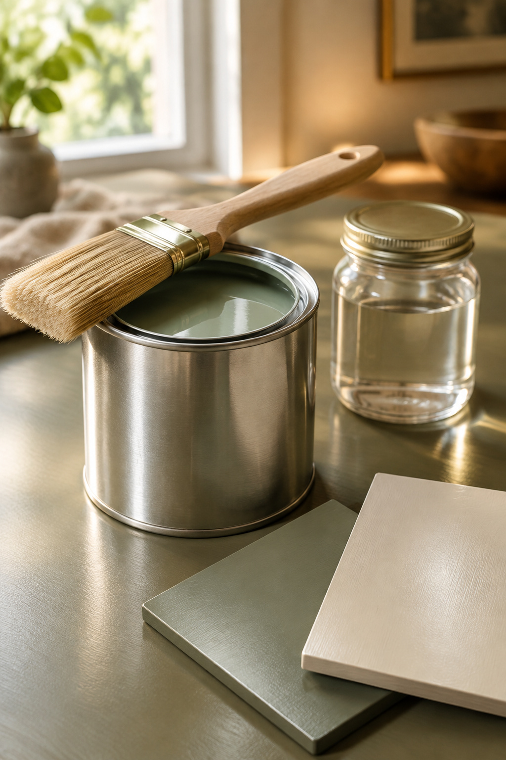 Sample boards showing different paint and topcoat sheens next to an open paint can on a tabletop
